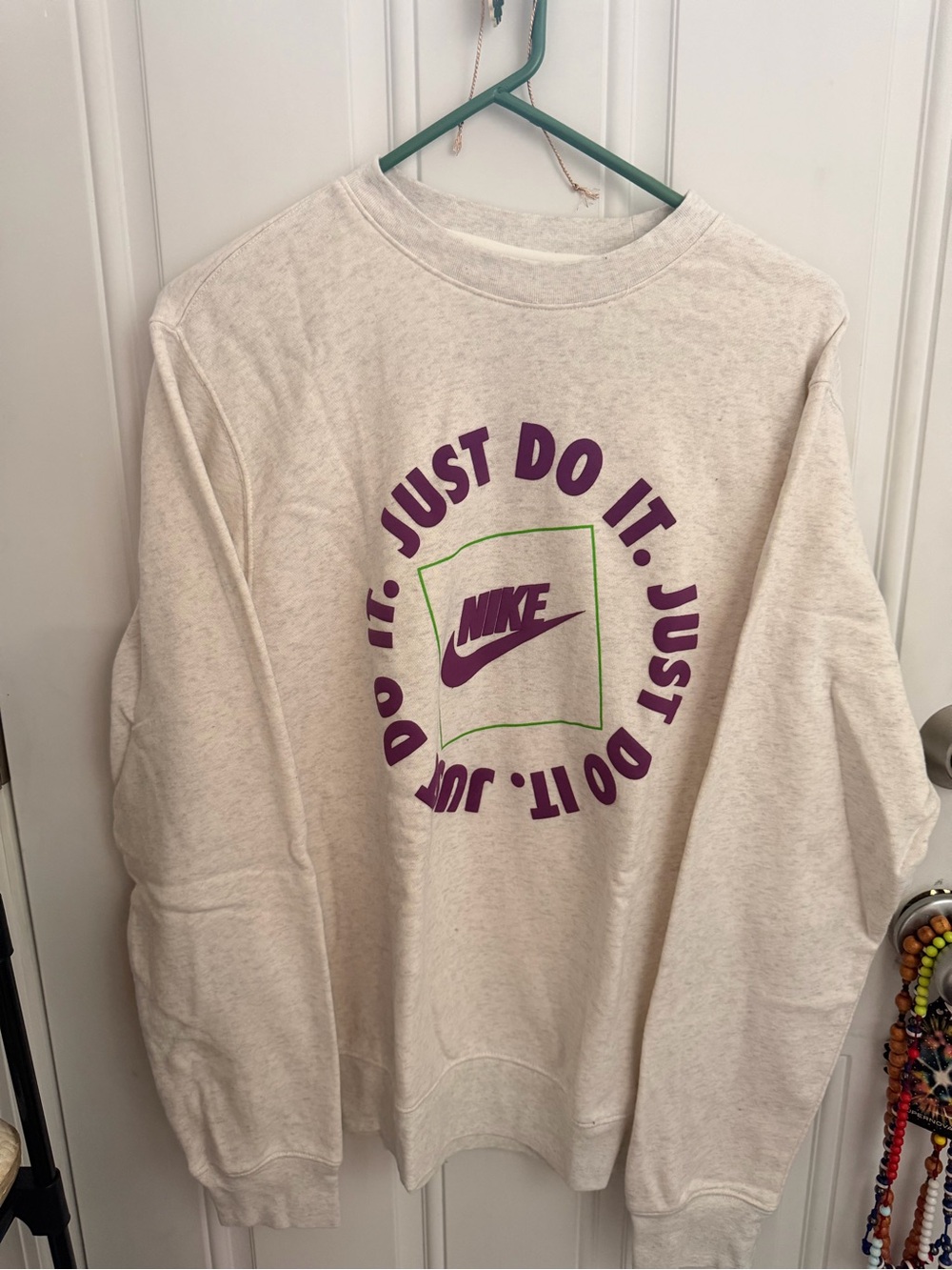 Nike Cream Crewneck with Purple and Green Logo